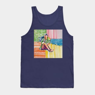 Girl on the beach, the soft breeze blows on her face Tank Top
